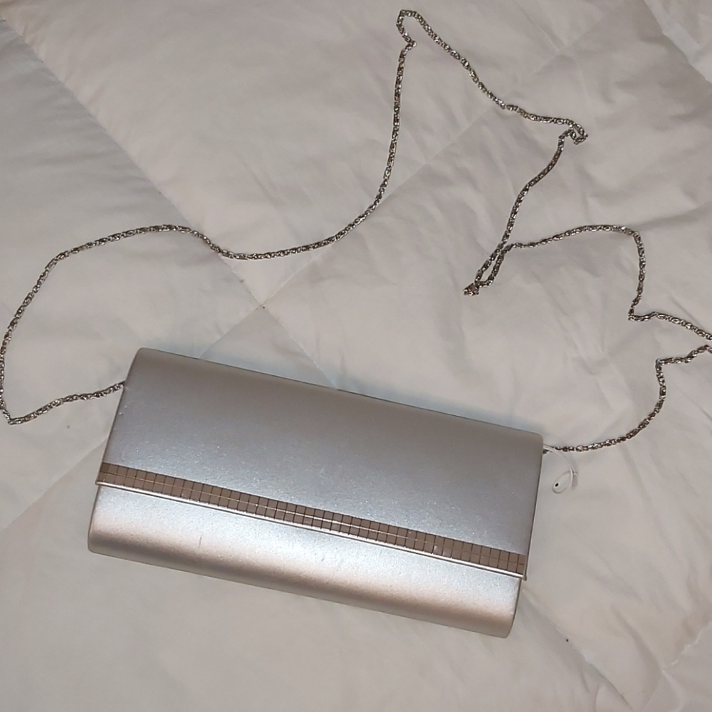 Silver clutch with long silver chain
